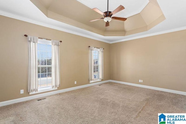 175 Smithfield Ln, Springville, AL 35146 - carpeted empty room featuring a raised ceiling, ceiling fan, ornamental molding, and baseboards