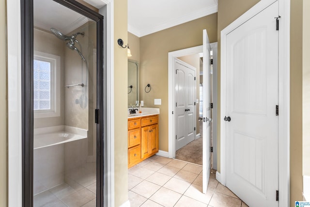 175 Smithfield Ln, Springville, AL 35146 - full bath with vanity, ornamental molding, a garden tub, tile patterned floors, and baseboards