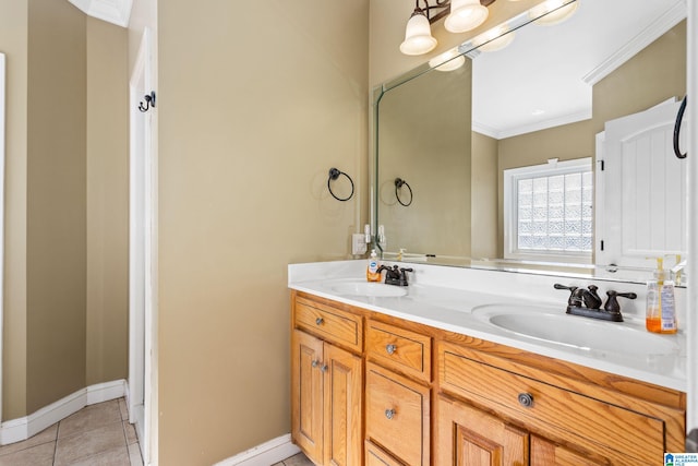 175 Smithfield Ln, Springville, AL 35146 - bathroom with ornamental molding, double vanity, tile patterned flooring, and baseboards