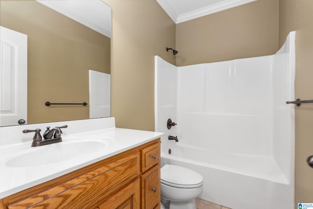 full bathroom with vanity, bathtub / shower combination, tile patterned flooring, toilet, and ornamental molding