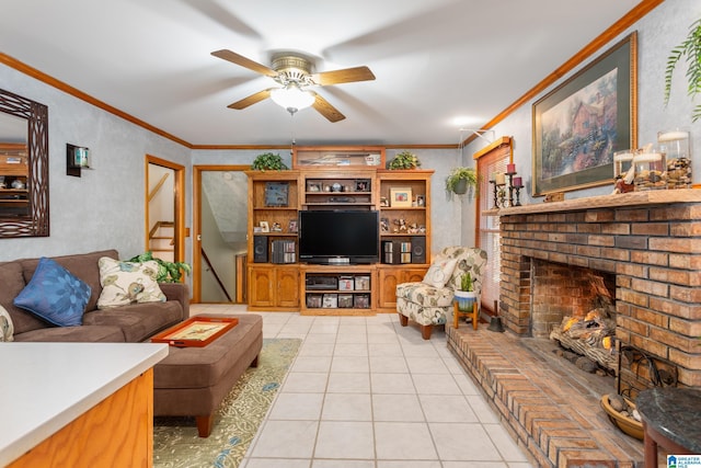 tiled living room with a fireplace, ceiling fan, and crown molding