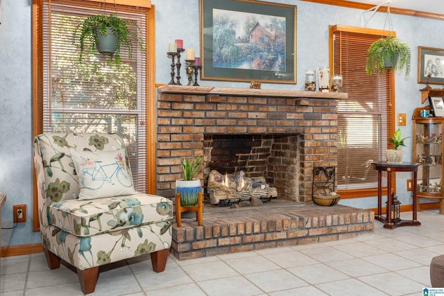 tiled living room with a fireplace