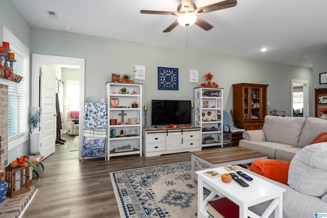 living room featuring hardwood / wood-style flooring, ceiling fan, and a wealth of natural light