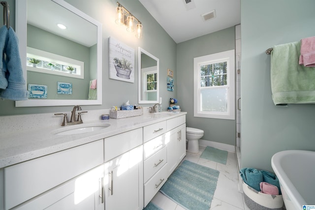 full bathroom featuring tile patterned flooring, vanity, toilet, and plus walk in shower