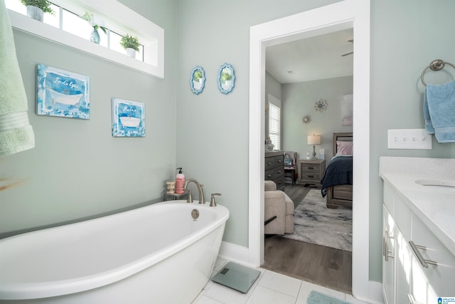 bathroom featuring wood-type flooring, vanity, a wealth of natural light, and a bathing tub