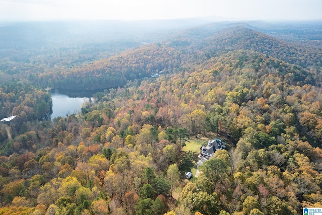 aerial view featuring a water and mountain view