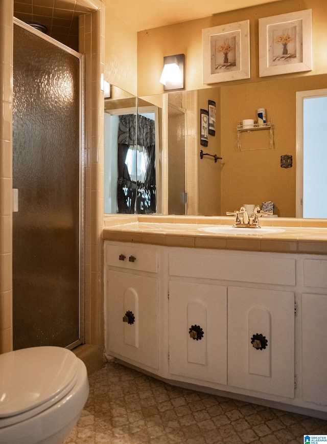 bathroom with vanity, toilet, and walk in shower