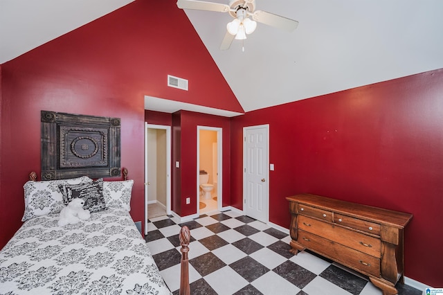 bedroom featuring connected bathroom, high vaulted ceiling, and ceiling fan