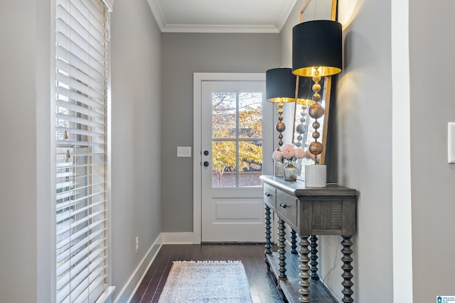 doorway featuring dark hardwood / wood-style flooring and crown molding