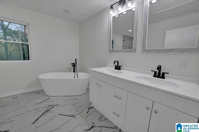 bathroom featuring vanity, a textured ceiling, and a bathtub