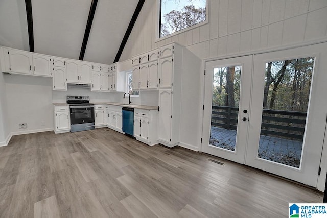 kitchen featuring french doors, stainless steel appliances, sink, high vaulted ceiling, and white cabinetry