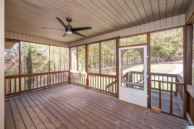 unfurnished sunroom featuring ceiling fan and wooden ceiling