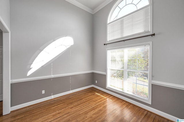 spare room with crown molding, a healthy amount of sunlight, and hardwood / wood-style flooring