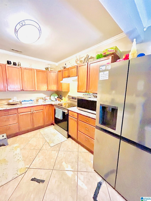 kitchen featuring stainless steel appliances, crown molding, and light tile patterned flooring