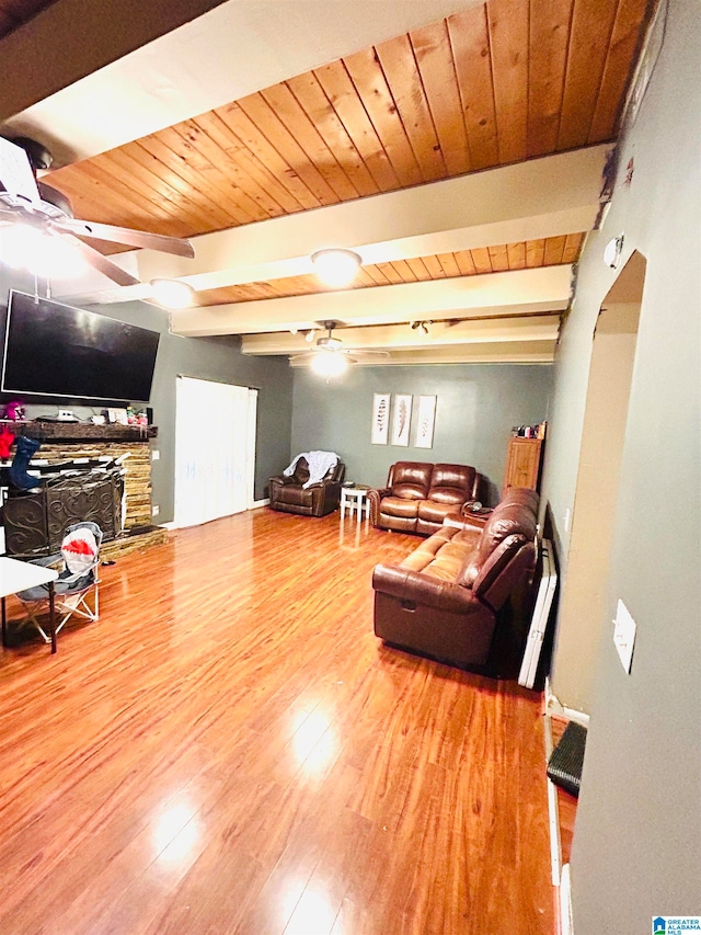 living room featuring a fireplace, hardwood / wood-style floors, beam ceiling, and wood ceiling