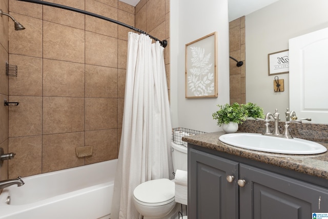 full bathroom with vanity, toilet, and shower / bathtub combination with curtain