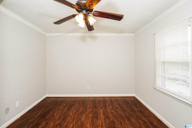 empty room with hardwood / wood-style floors, a textured ceiling, ceiling fan, and crown molding