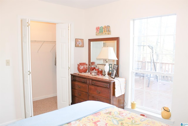 carpeted bedroom featuring a walk in closet and a closet