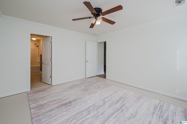 unfurnished bedroom featuring ceiling fan, ornamental molding, connected bathroom, and light hardwood / wood-style flooring