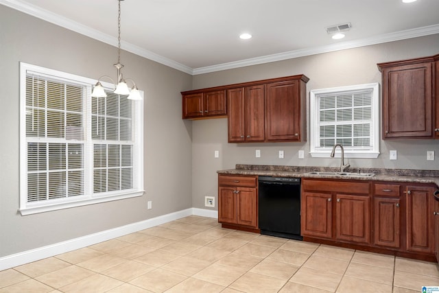 kitchen with crown molding, sink, light tile patterned floors, dishwasher, and a chandelier