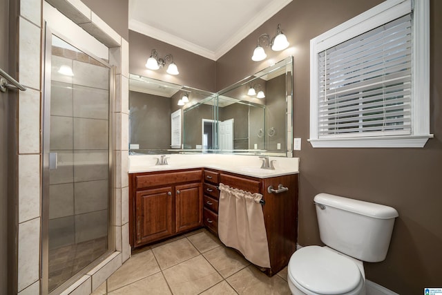 bathroom featuring walk in shower, tile patterned floors, crown molding, toilet, and vanity