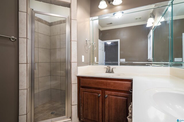 bathroom featuring vanity, walk in shower, and ornamental molding