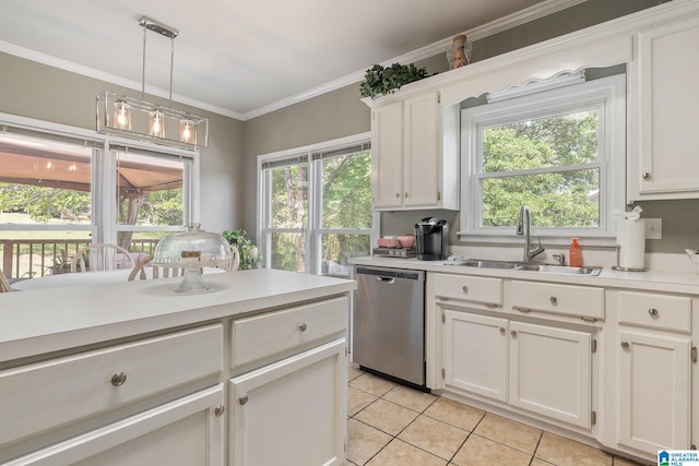 kitchen with white cabinetry, dishwasher, sink, crown molding, and decorative light fixtures