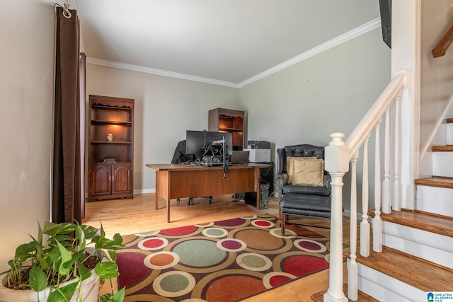 home office featuring light hardwood / wood-style floors and crown molding