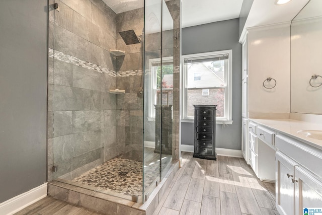 bathroom featuring vanity and a shower with door