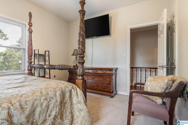 bedroom with light carpet