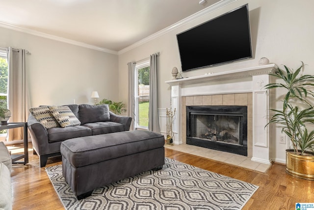 living room featuring a tile fireplace, crown molding, and light hardwood / wood-style flooring