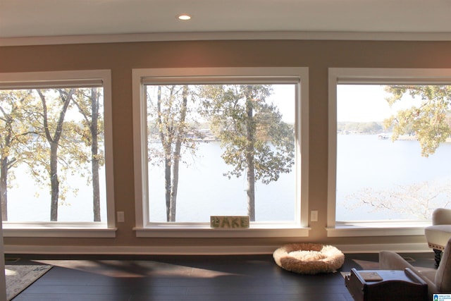 interior space featuring a water view and wood-type flooring