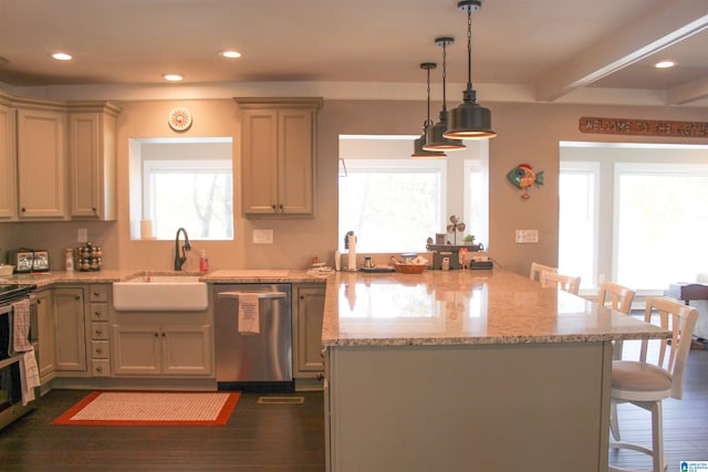 kitchen featuring dark hardwood / wood-style floors, stainless steel dishwasher, a breakfast bar area, and sink