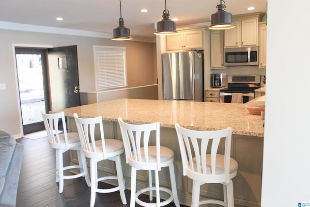 kitchen with dark wood-type flooring, a kitchen breakfast bar, decorative light fixtures, light stone counters, and stainless steel appliances