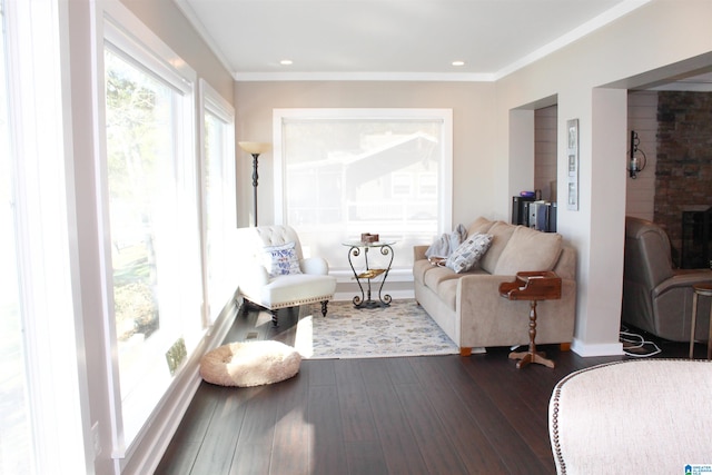 living room with crown molding and dark wood-type flooring