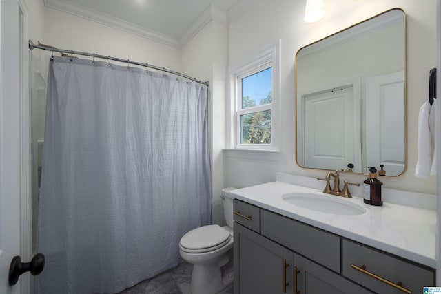 bathroom featuring vanity, toilet, ornamental molding, and walk in shower