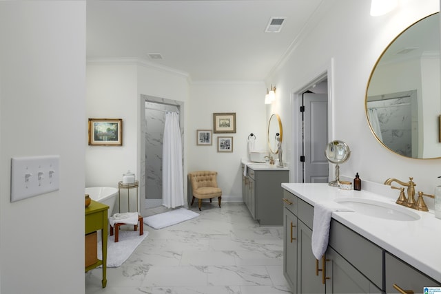 bathroom featuring vanity, ornamental molding, and shower with separate bathtub