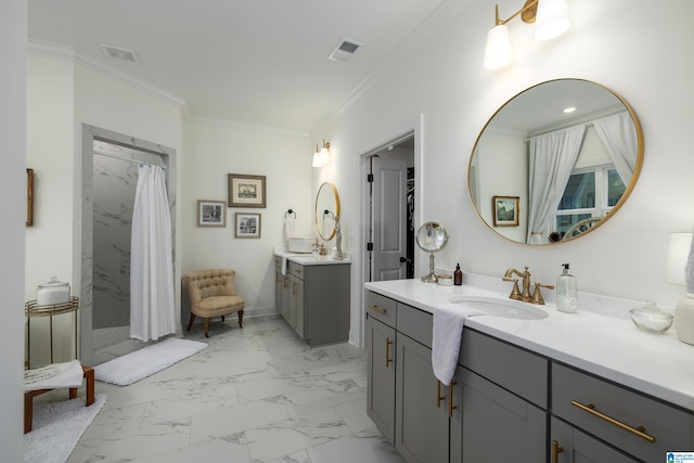 bathroom featuring vanity, curtained shower, and crown molding