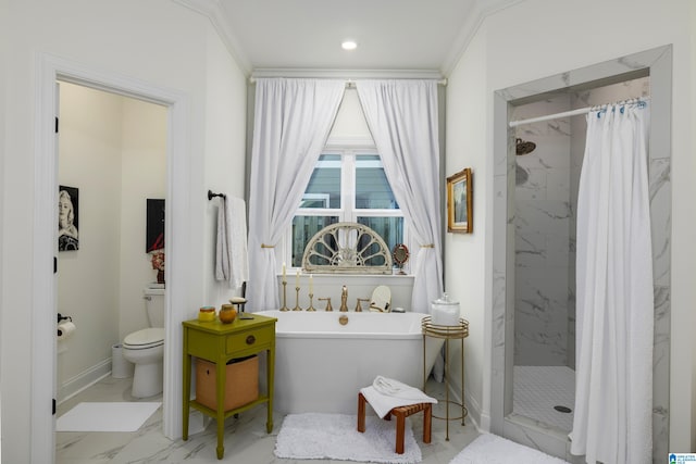 bathroom with crown molding, toilet, and shower with separate bathtub