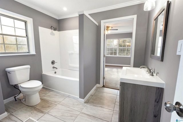 full bathroom with ornamental molding, vanity, bathing tub / shower combination, ceiling fan, and toilet