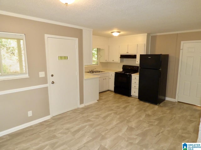 kitchen featuring white cabinetry, sink, crown molding, a textured ceiling, and black appliances