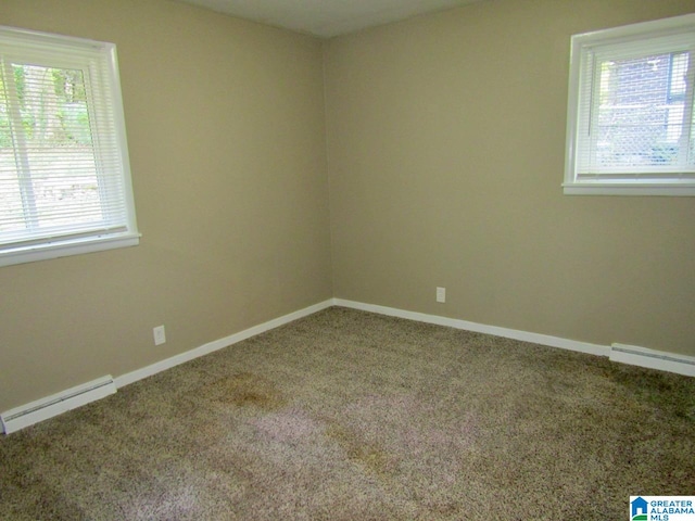 carpeted empty room featuring a baseboard radiator