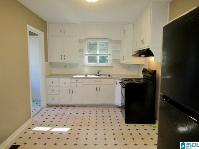 kitchen with sink, white cabinetry, and black appliances