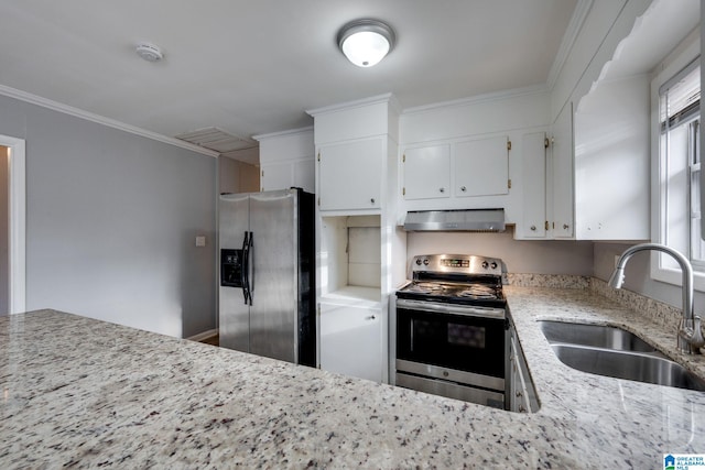 kitchen with white cabinets, range hood, sink, and appliances with stainless steel finishes