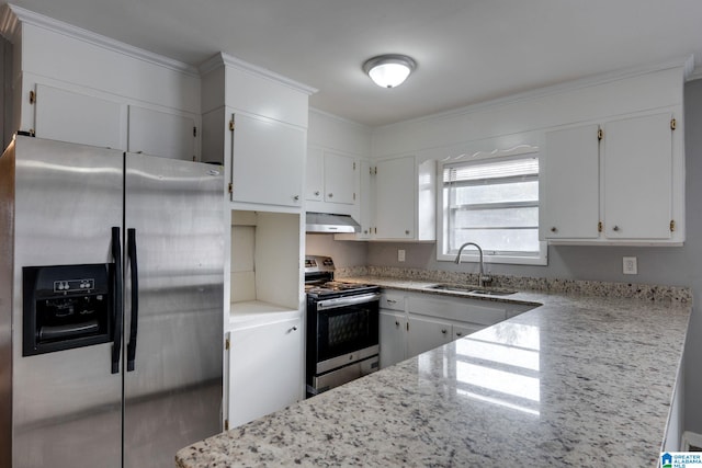 kitchen with white cabinetry, sink, stainless steel appliances, and ventilation hood