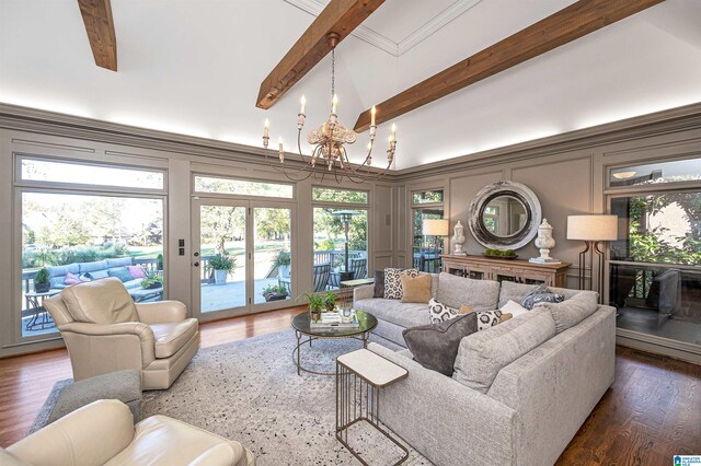 living room featuring beamed ceiling, crown molding, dark wood-type flooring, and an inviting chandelier