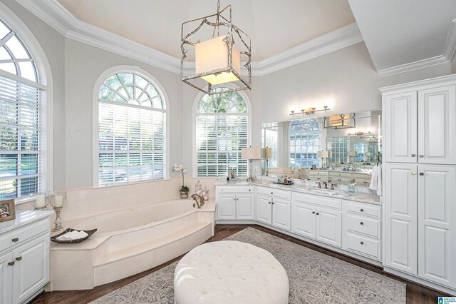 bathroom with hardwood / wood-style floors, vanity, ornamental molding, and a washtub