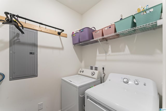 laundry area with electric panel and washer and dryer