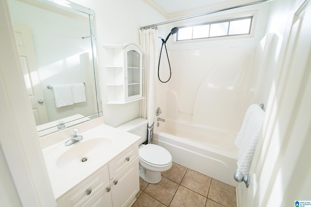 full bathroom with vanity, tile patterned floors, shower / bath combination with curtain, toilet, and ornamental molding