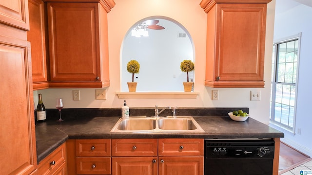 kitchen with ceiling fan, dishwasher, and sink